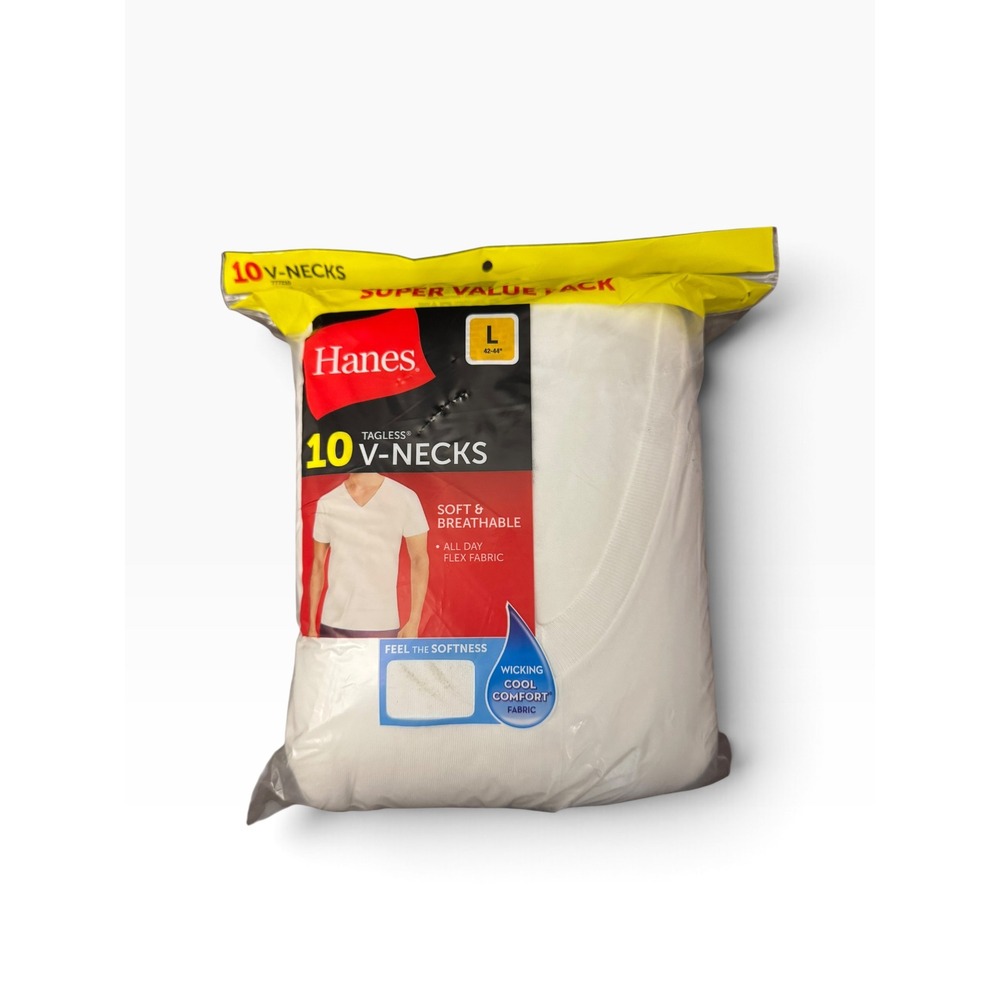 Hanes Mens Tagless V-Neck Undershirts 10 Pack White Size L 42-44